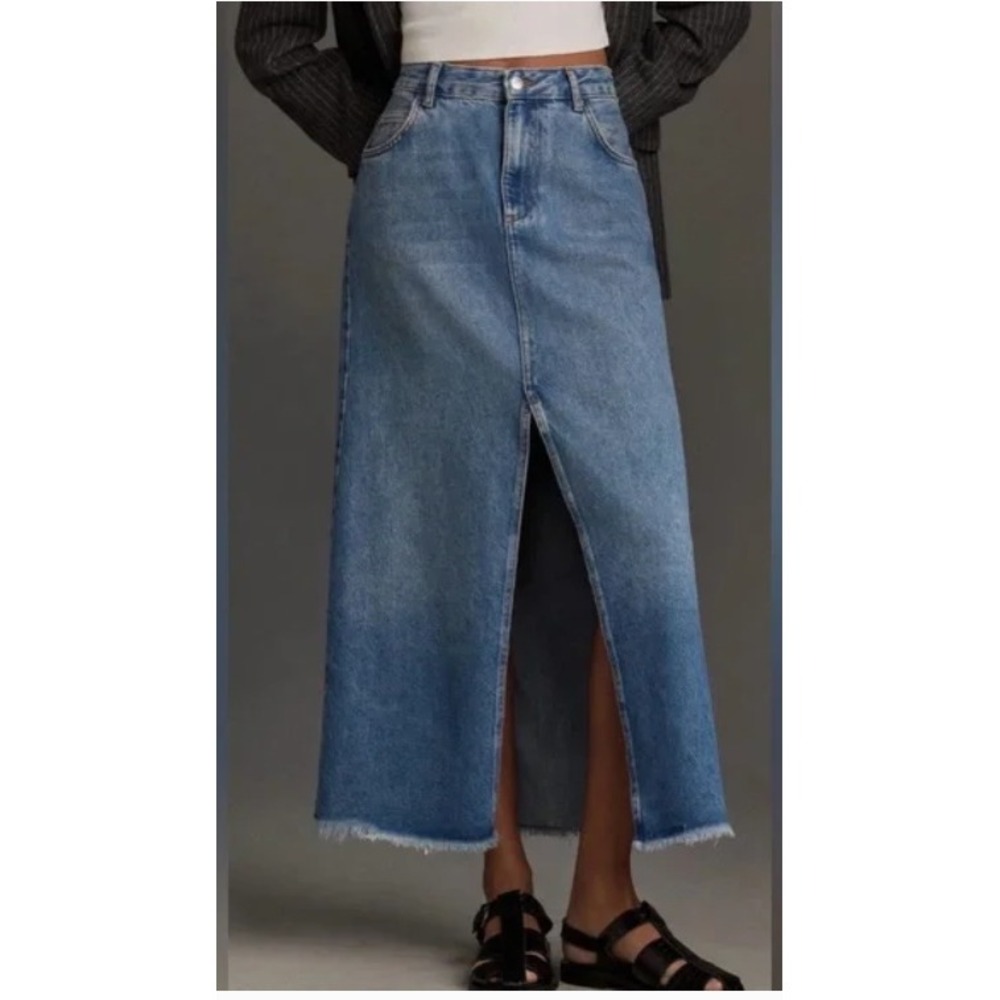 Anthropologie Pilcro Midi Front Slit Denim Maxi Skirt Size 24W Raw Hem Boho Blue